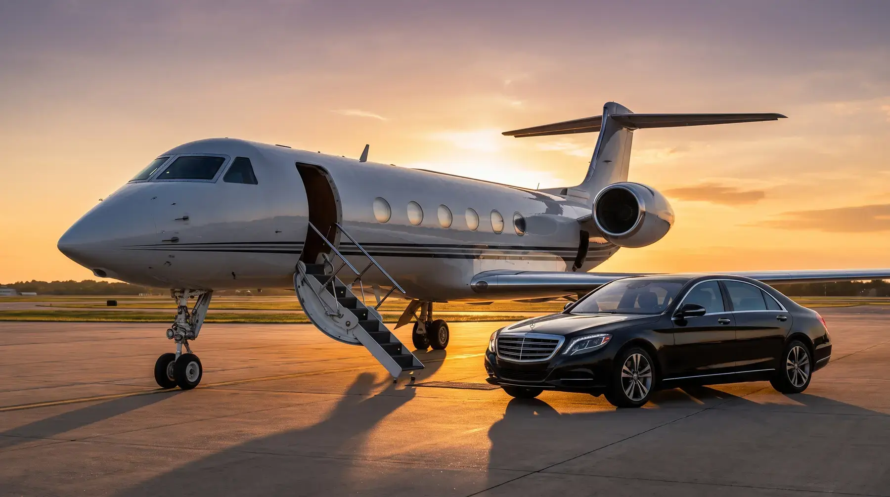 Privátny jet na letiskovej ploche pri západe slnka